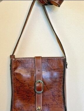 Patricia Nash Tan Brown Map-Print Leather Messenger Bag